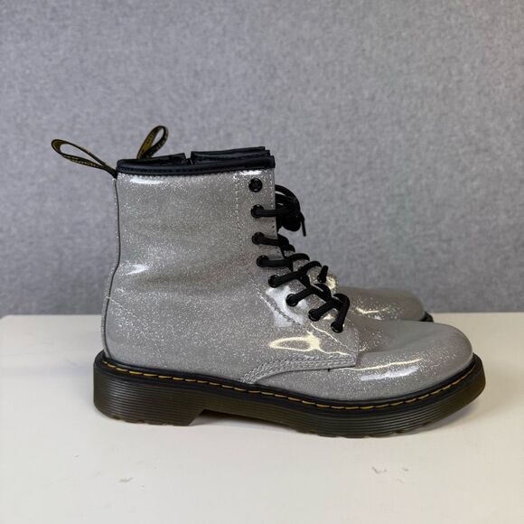 Dr Martens Girls Size 5 1460 Glitter J Laced Up Booties Boots Metallic Silver - Picture 1 of 7